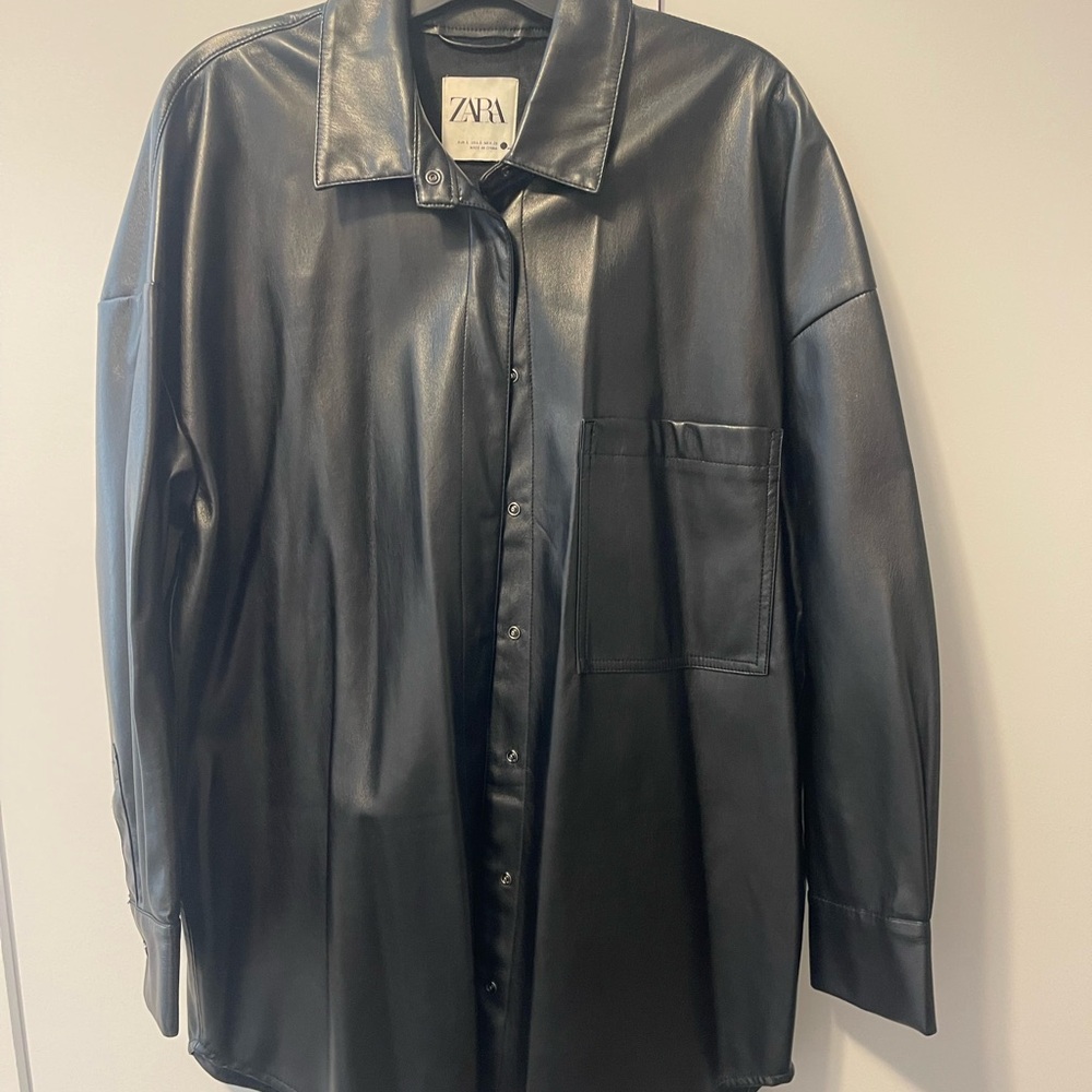 Zara Women's Black Faux Leather Shirt Jacket